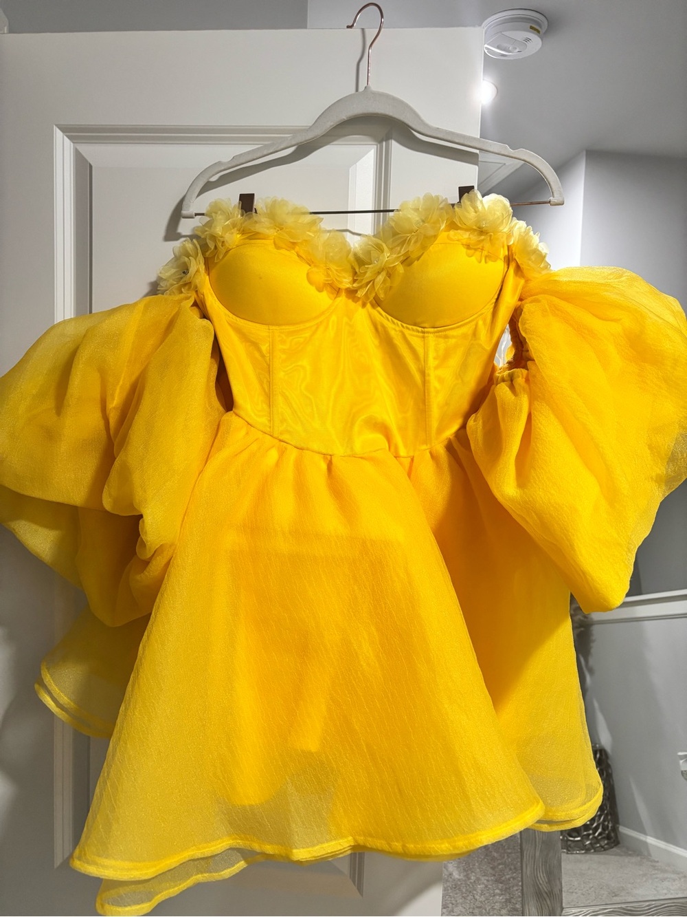 Fashion Nova Bright Yellow Puff-Sleeve Tulle Mini Dress